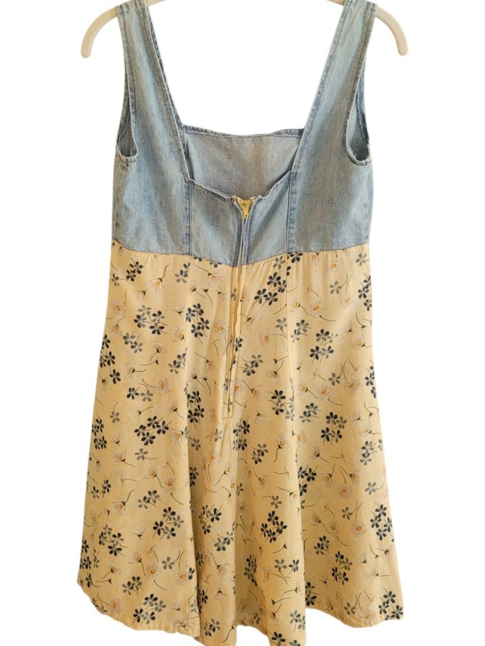 Vintage 90s Butter Yellow Daisy Floral Denim Bodice Babydoll Mini Dress Small - Picture 4 of 10
